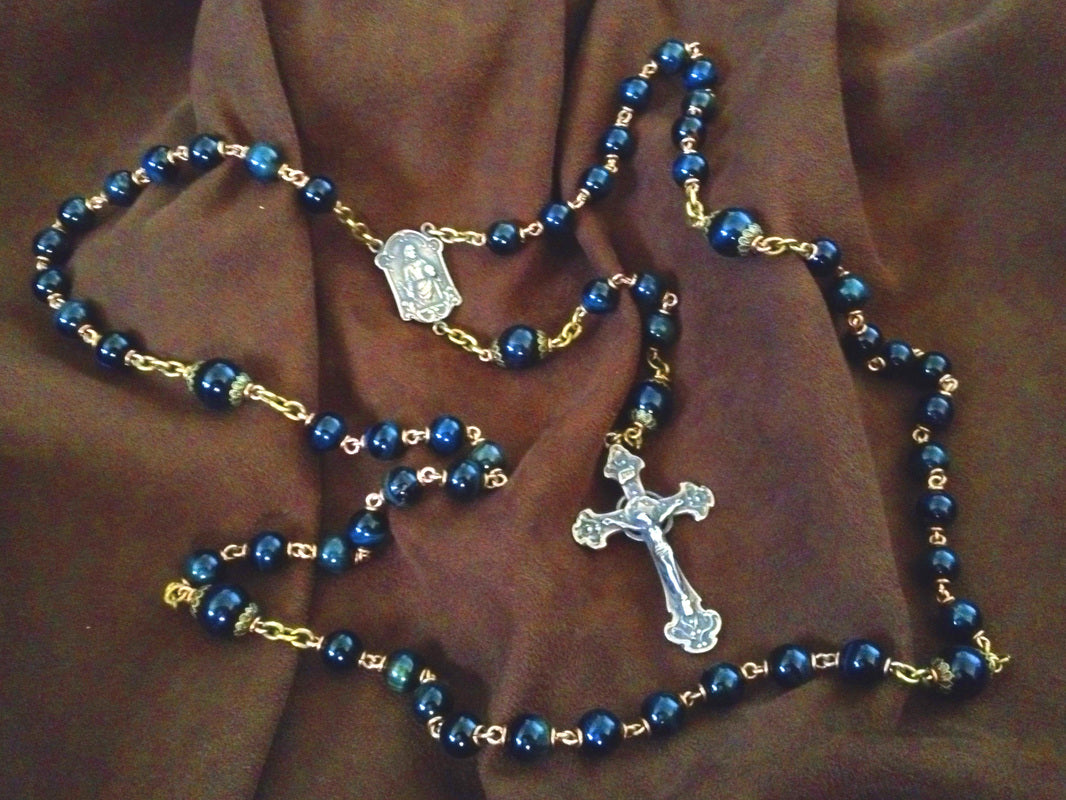 Heirloom Rosary, Blue Tiger Eye Gemstones and Bronze