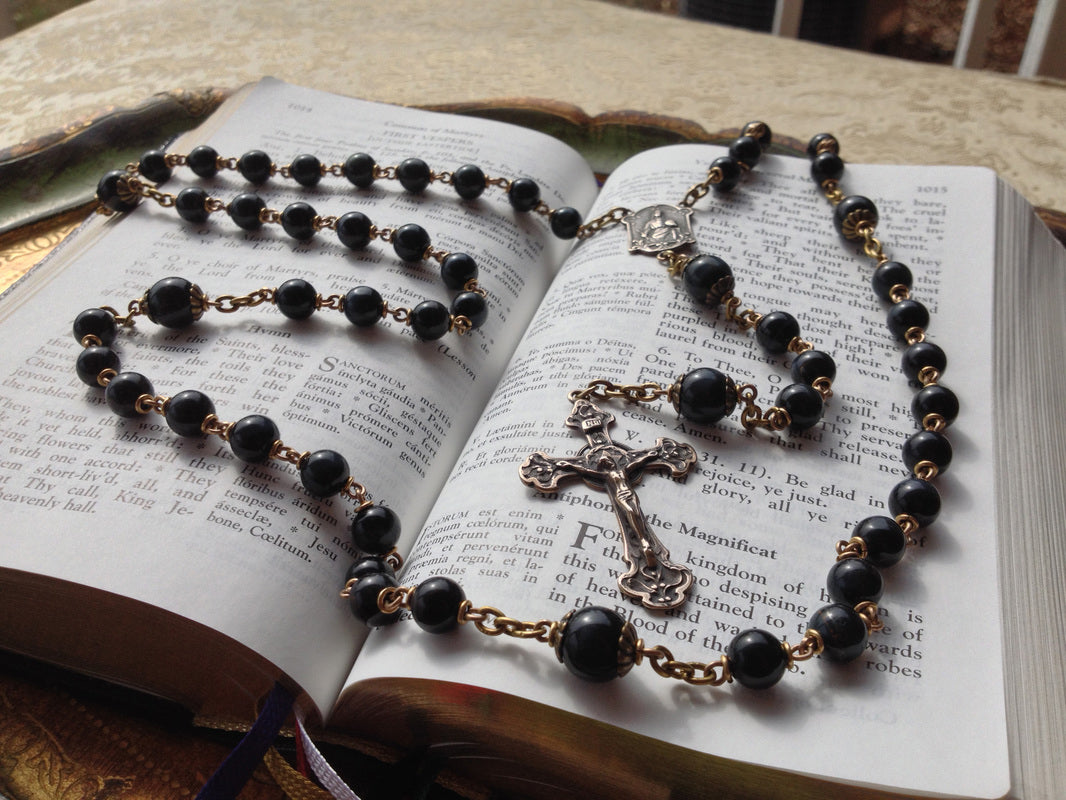 Heirloom Rosary, Blue Tiger Eye Gemstones and Bronze