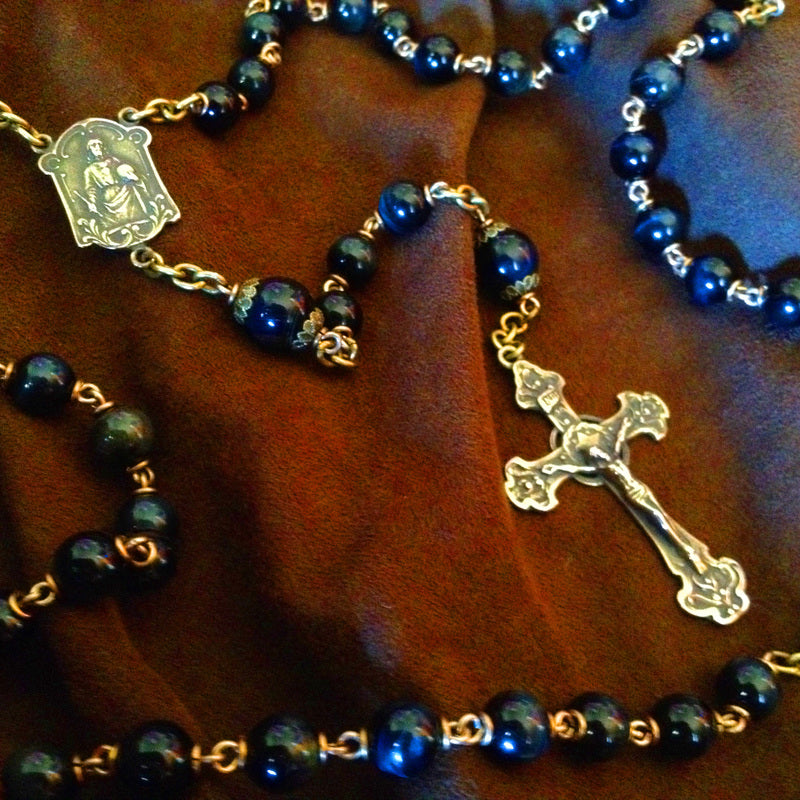 Heirloom Rosary, Blue Tiger Eye Gemstones and Bronze
