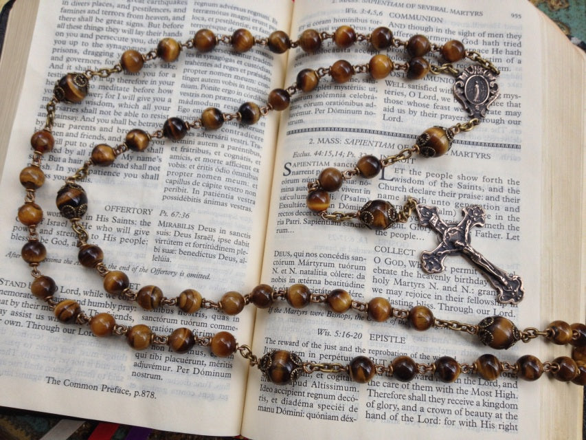 Heirloom Rosary, Gold Tiger Eye Rosary with Bronze 8mm