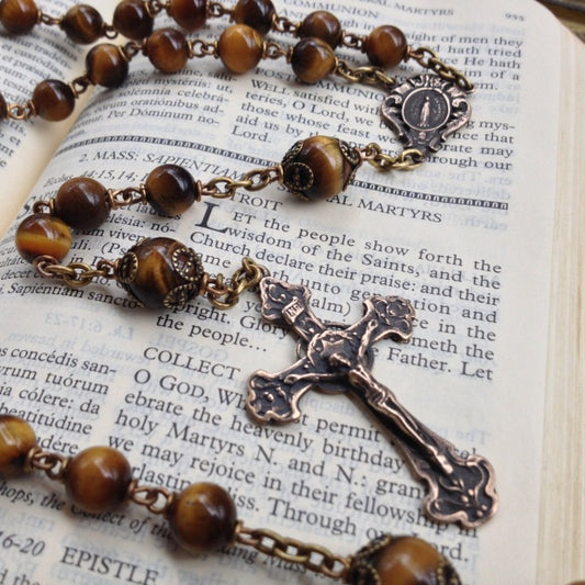 Heirloom Rosary, Gold Tiger Eye Rosary with Bronze 8mm