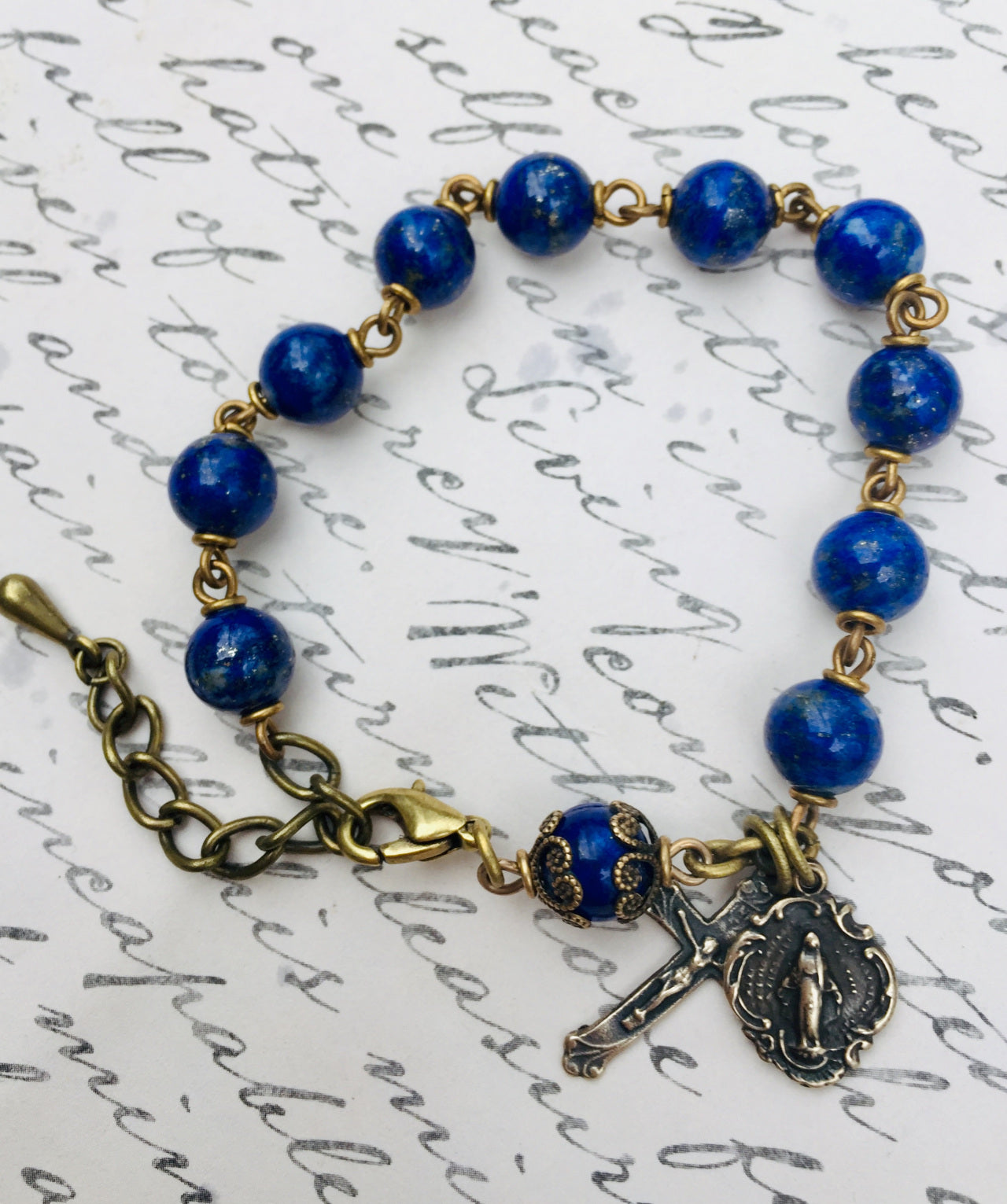 Heirloom Rosary Bracelet, Denim Lapis Lazuli Gemstone