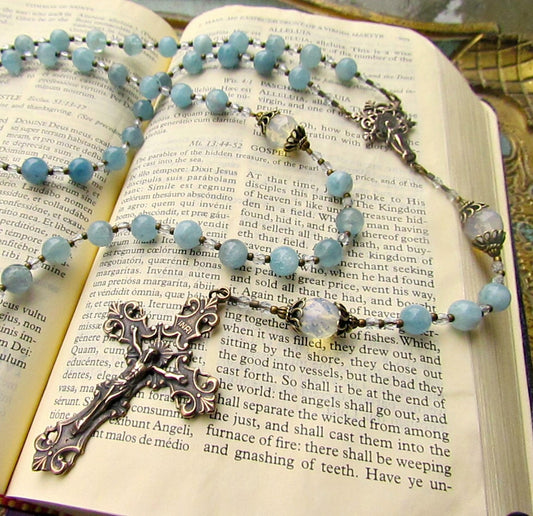 Cable Strung Rosary, Aquamarine Gemstones