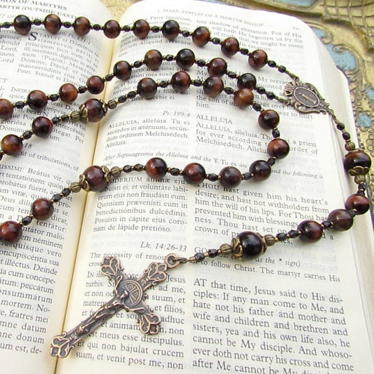 Cable Strung Rosary, Red Tiger Eye Gemstones