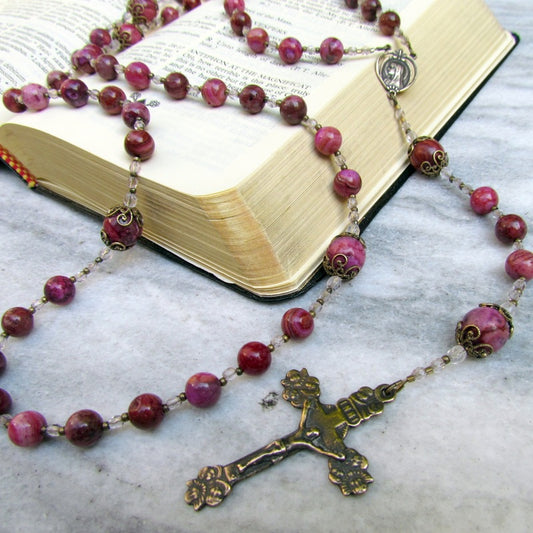 Cable Strung, Catholic Angel Rosary, Pink Crazy Lace Agate Gemstones