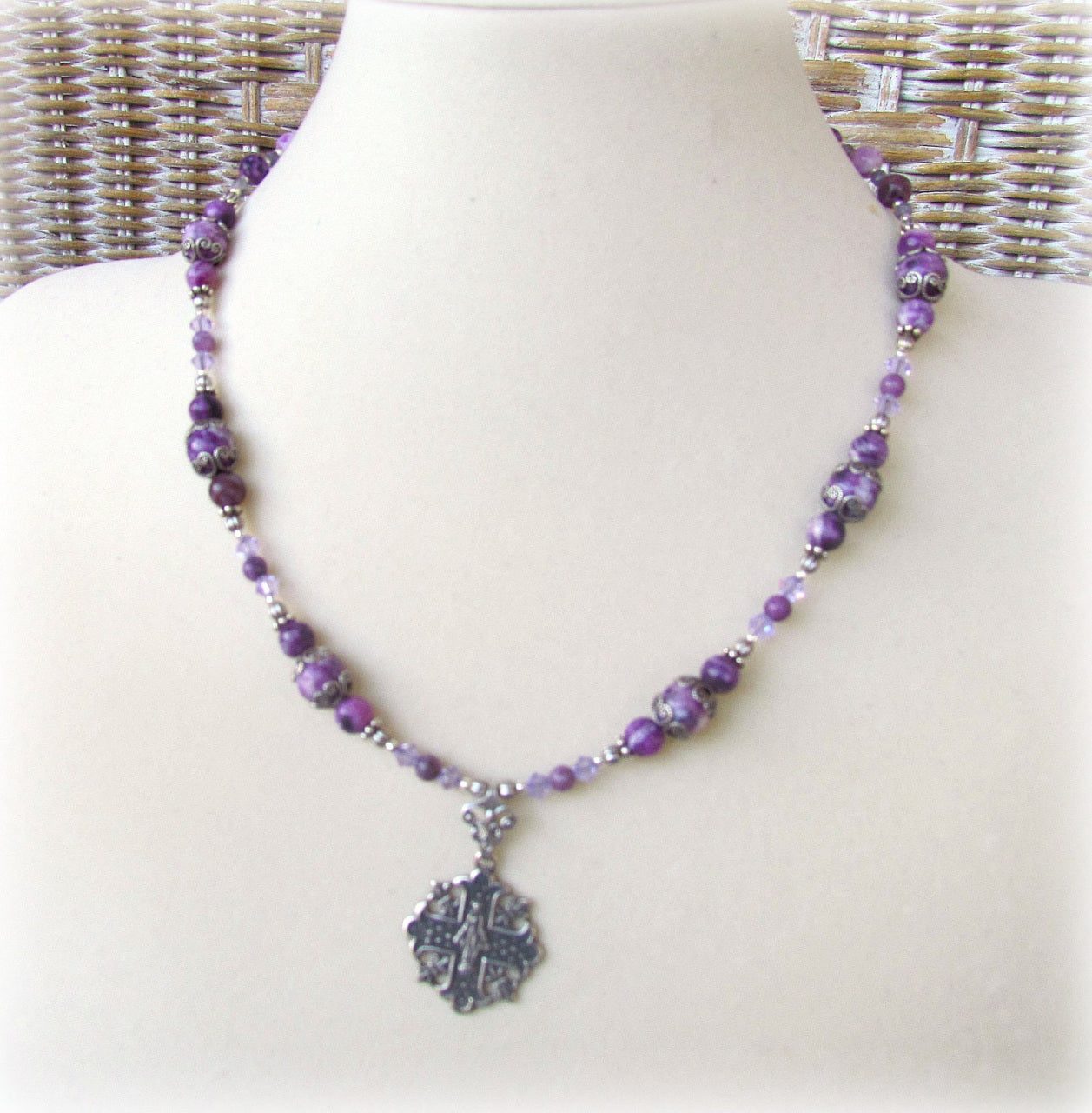 Catholic Jewelry, Sugilite Silver Necklace with Our Lady of Grace Medal