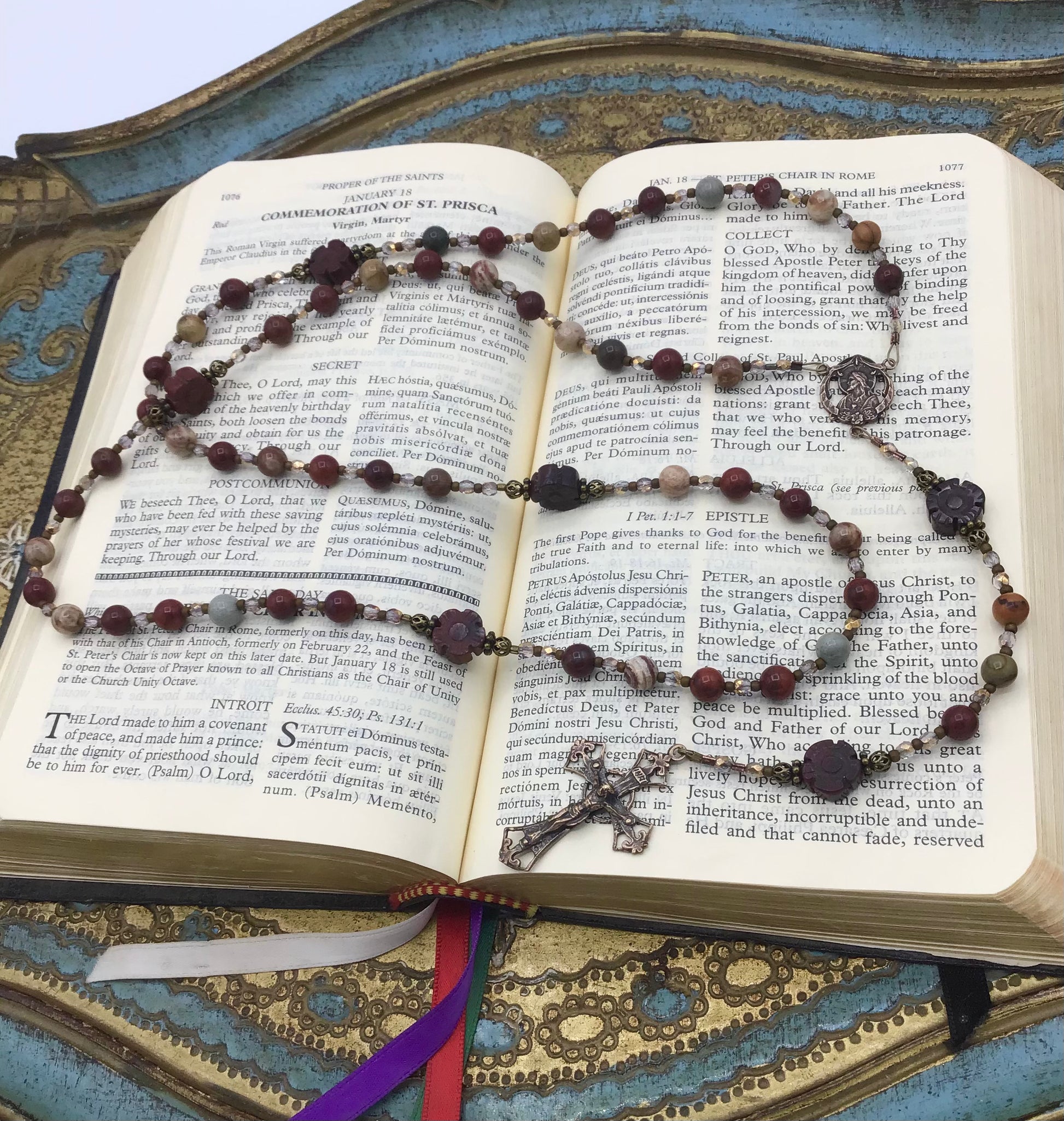 Handmade Rainbow Jasper gemstone Catholic rosary with carved Brecciated Jasper Our Father beads and solid bronze crucifix