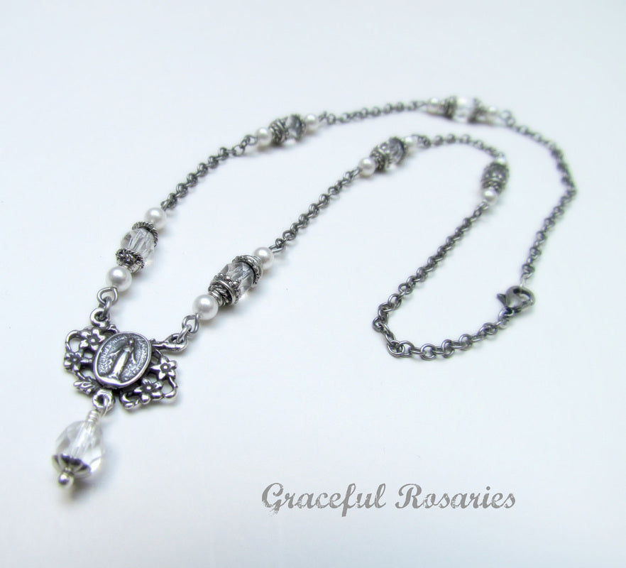 Catholic Jewelry, Silver Marian Necklace