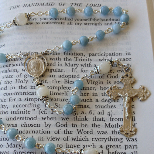 Heirloom Rosary, Sterling Silver with Aquamarine and Snow Quartz