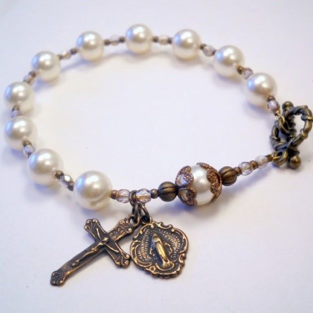 Beaded Rosary Bracelet, Swarovski Pearl beads