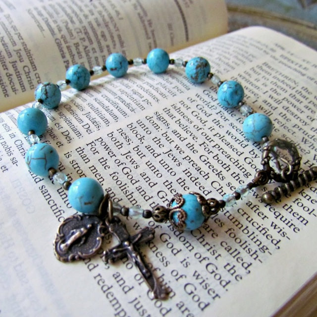 Beaded Rosary Bracelet, Turquoise Magnesite gemstones