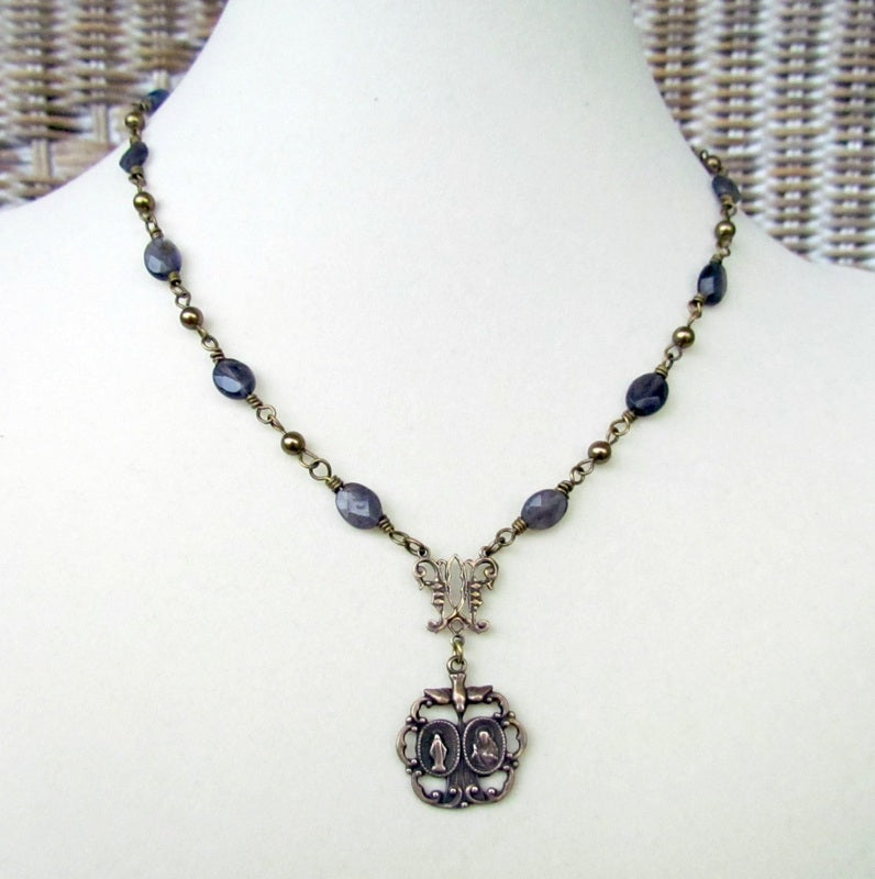 Catholic Jewelry, Necklace, Faceted Iolite with Catholic Miraculous Scapular Medal