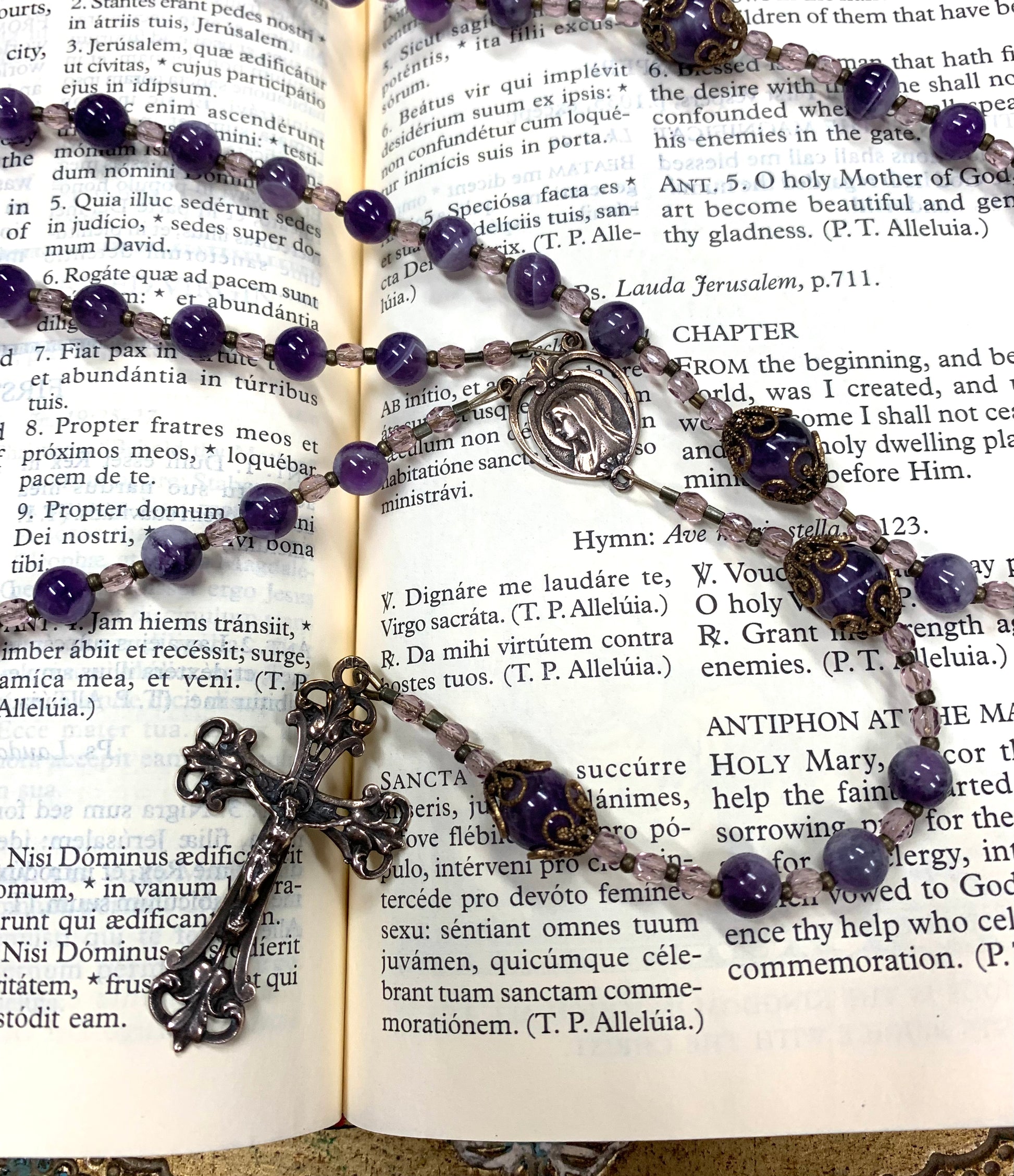 Beaded Cable Rosary Amethyst Vintage Catholic Bronze