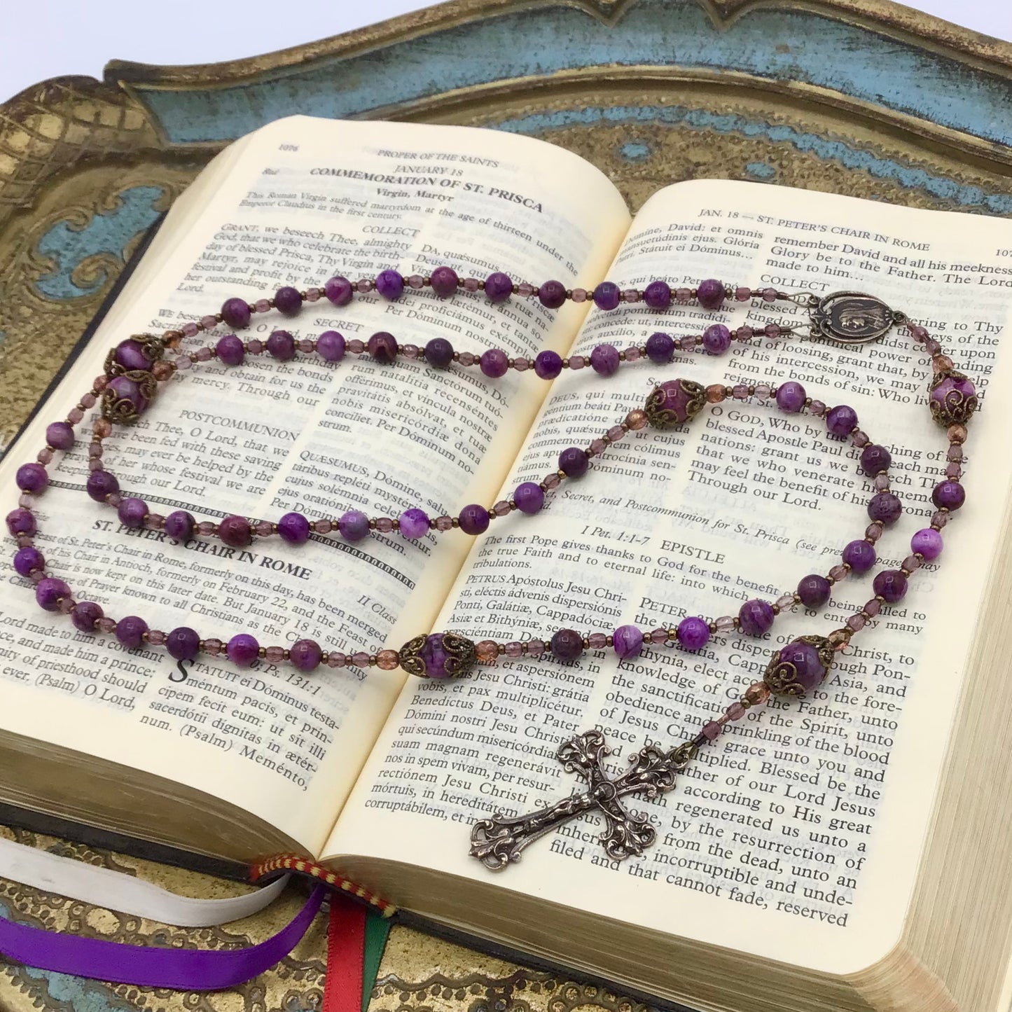 Cable Strung Rosary, Purple Crazy Lace Agate