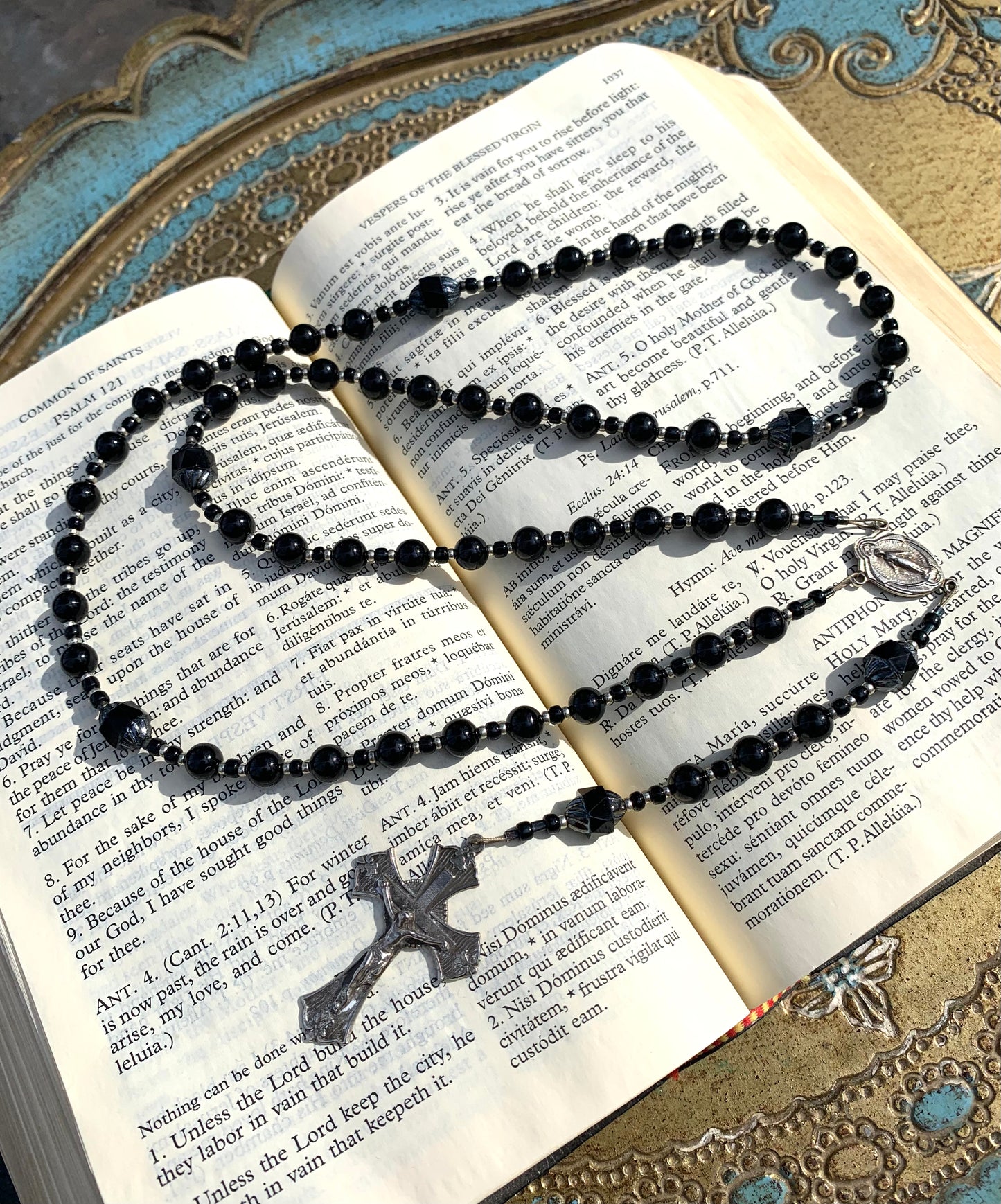 Cable Strung Rosary, Black Onyx, White Bronze