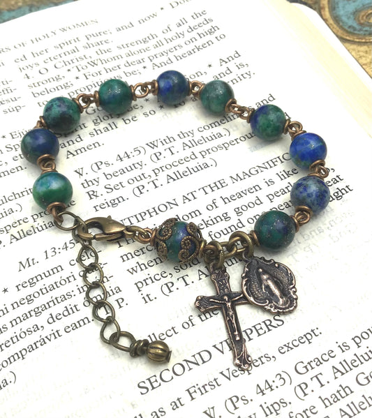 Heirloom Rosary Bracelet, Azurite Lapis Lazuli Gemstone