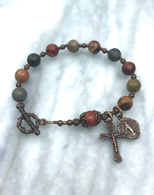 Beaded Rosary Bracelet, Red Creek Jasper Gemstones