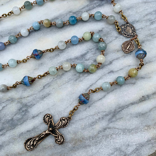 Heirloom, Queen of Peace Rosary, Catholic, Natural Aquamarine and Bronze