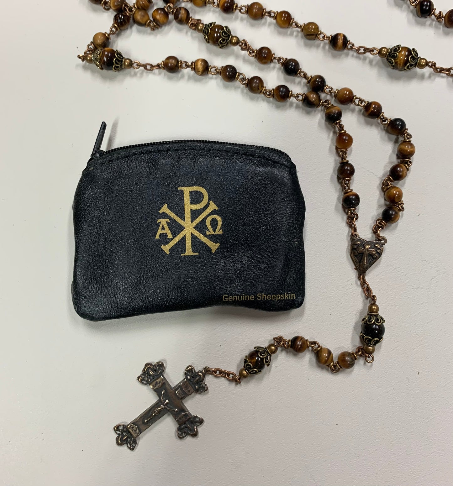 Rosary Pouch, Black leather,  zipper, small