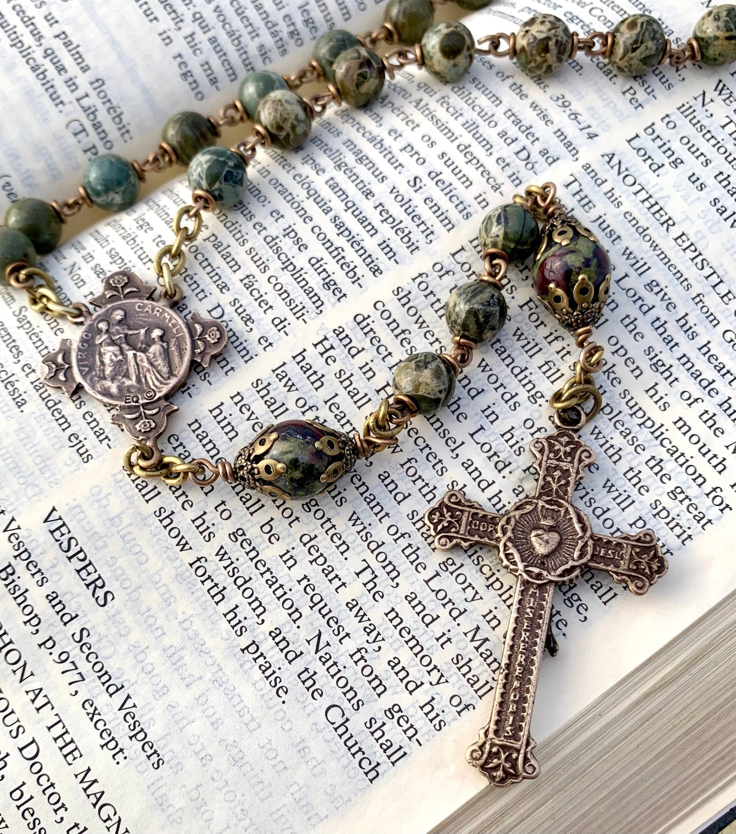 Heirloom Rosary, with Lizardite Gemstones and Bronze