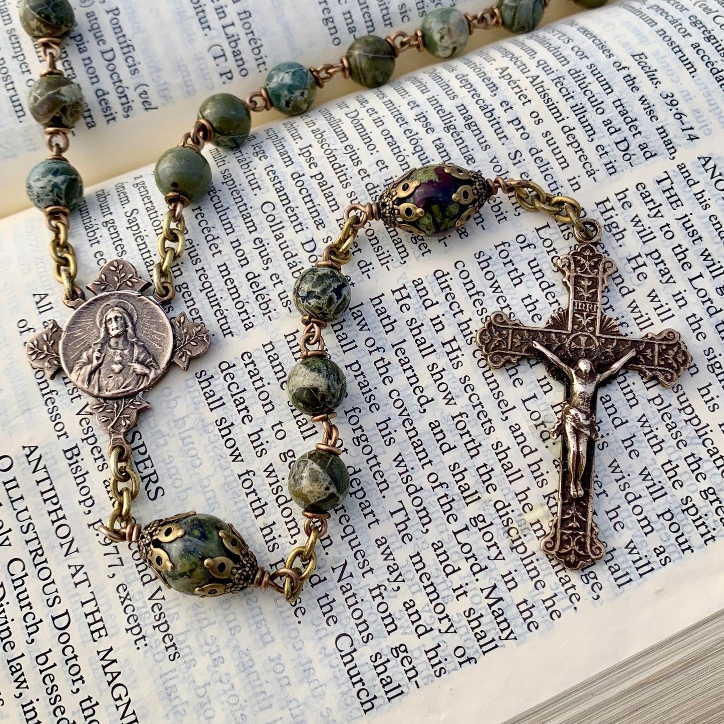 Heirloom Rosary, with Lizardite Gemstones and Bronze