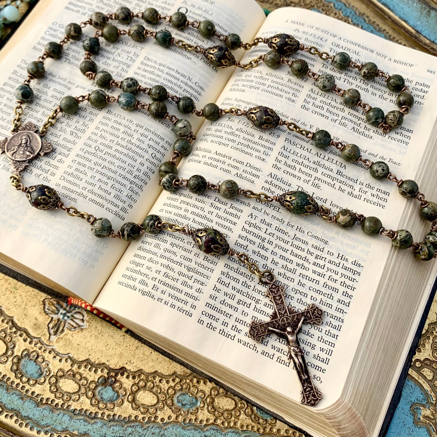 Heirloom Rosary, with Lizardite Gemstones and Bronze