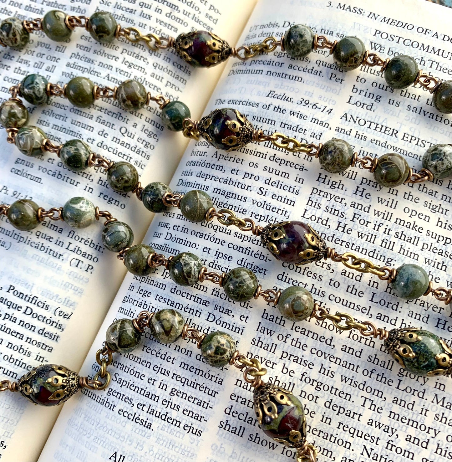 Heirloom Rosary, with Lizardite Gemstones and Bronze