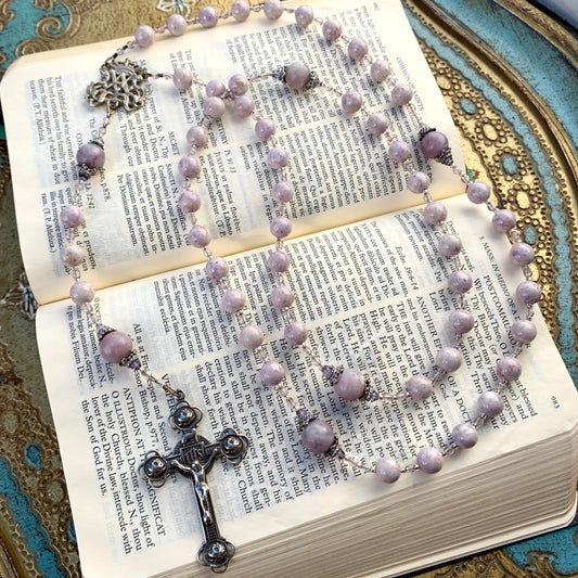 Cable Strung Rosary, Lilac Riverstone Gemstones, White Bronze