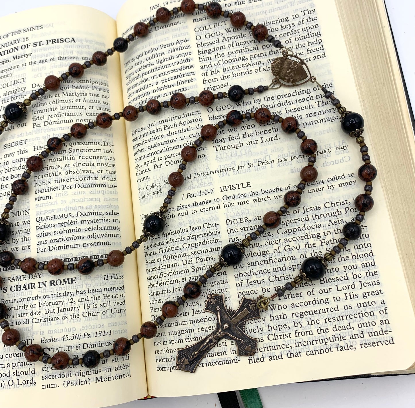 Cable Strung Rosary, Black Onyx and Jasper Gemstones