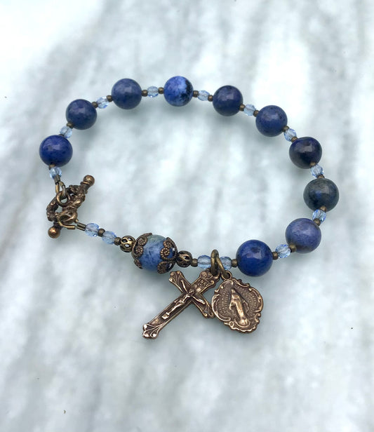 Beaded Rosary Bracelet, Blue Sunset Dumortierite Gemstones