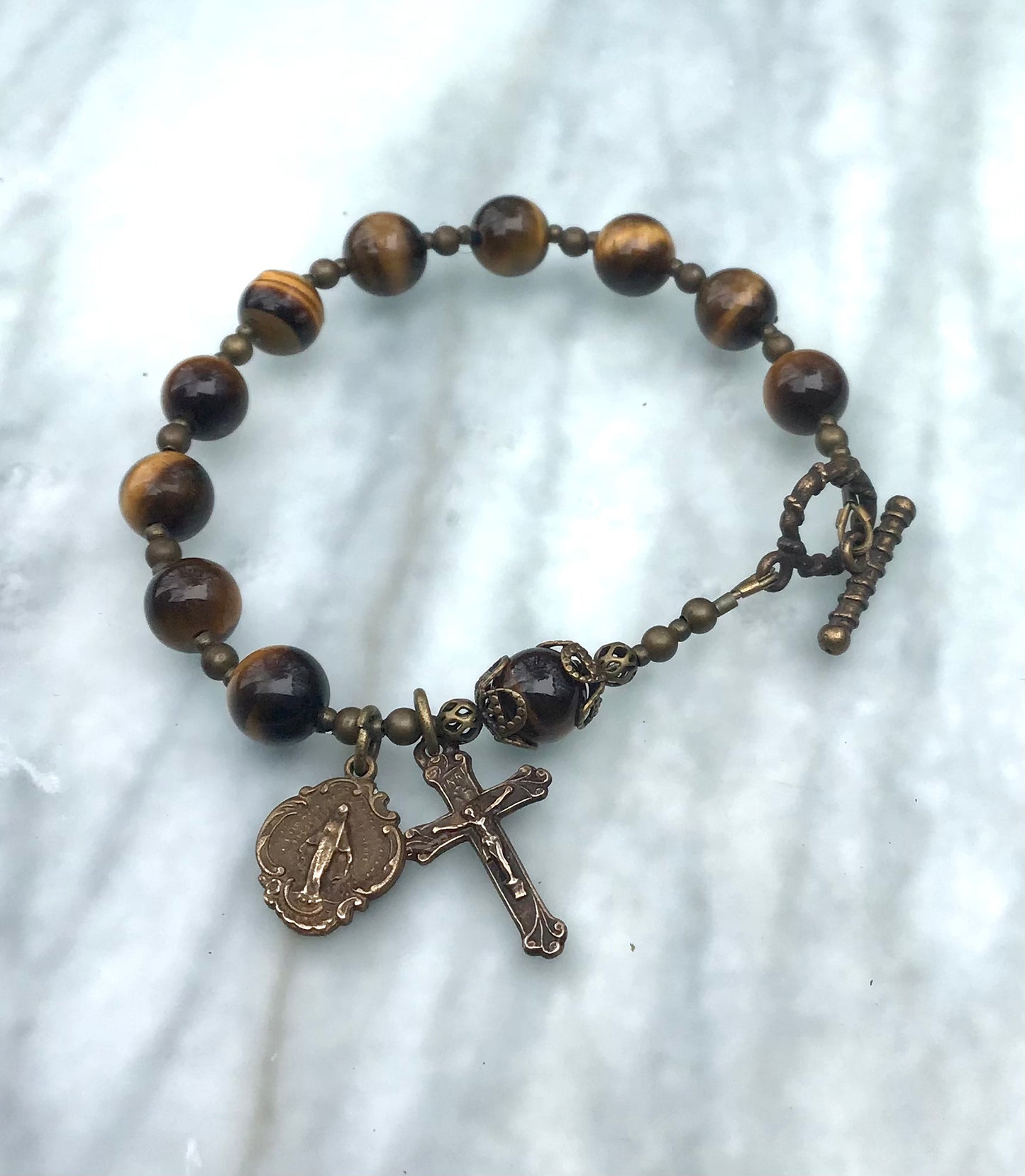 Beaded Rosary Bracelet, with Gold Tiger Eye Gemstones