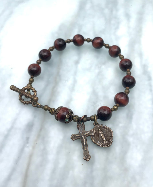Beaded Rosary Bracelet, with Red Tiger Eye Gemstones