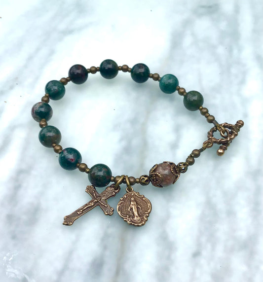 Beaded Rosary Bracelet, Green Bloodstone Gemstones