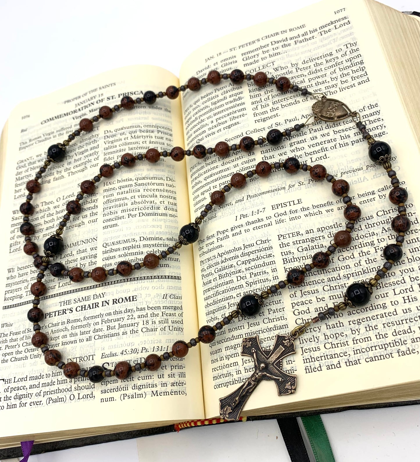 Cable Strung Rosary, Black Onyx and Jasper Gemstones