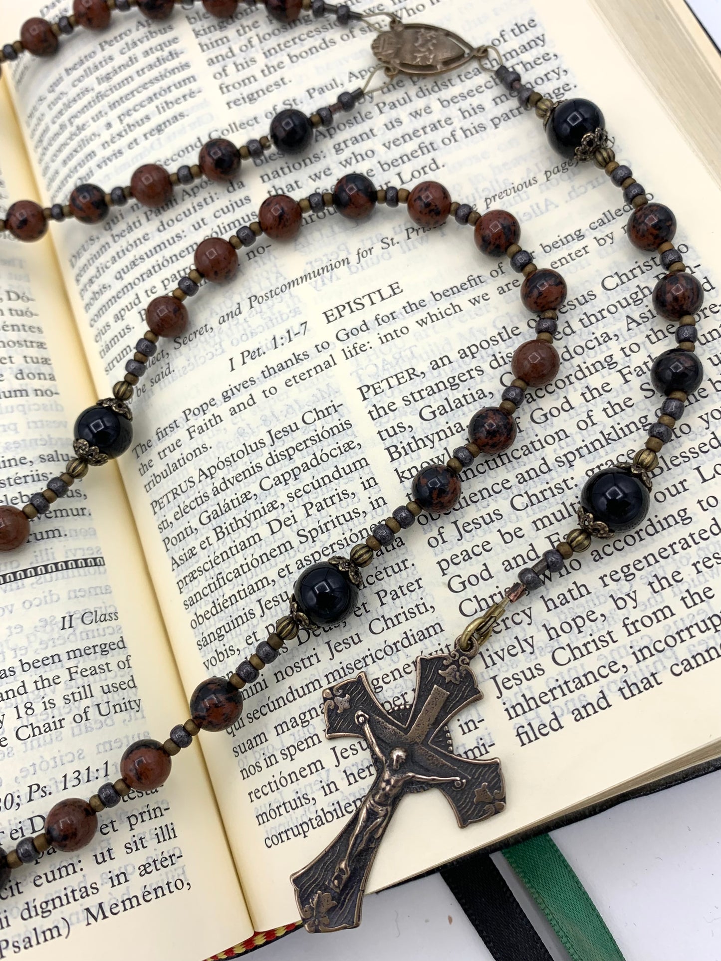 Cable Strung Rosary, Black Onyx and Jasper Gemstones