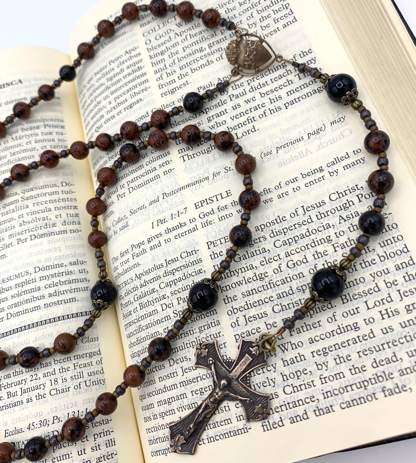 Cable Strung Rosary, Black Onyx and Jasper Gemstones