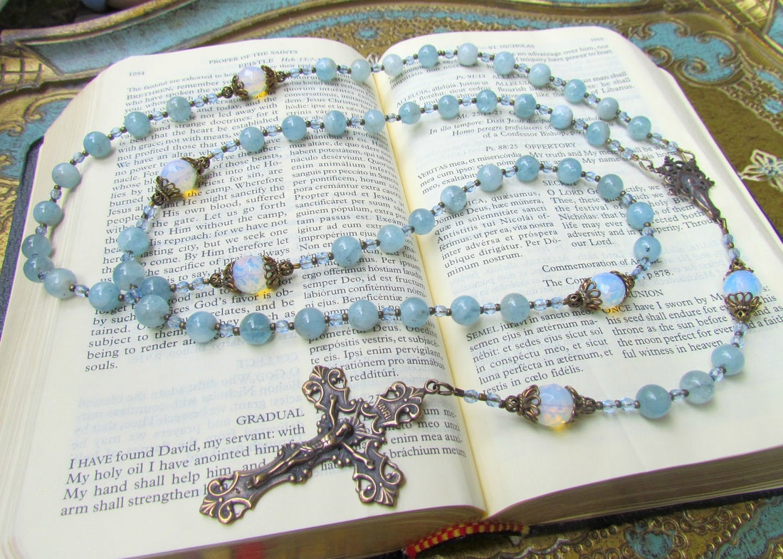 Cable Strung, Catholic Rosary, Natural Aquamarine and Bronze