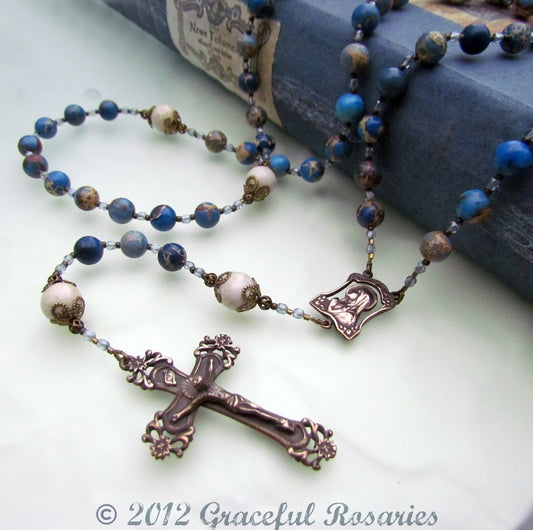 Cable Strung Rosary, Blue Magnesite Gemstones, Riverstone Paters