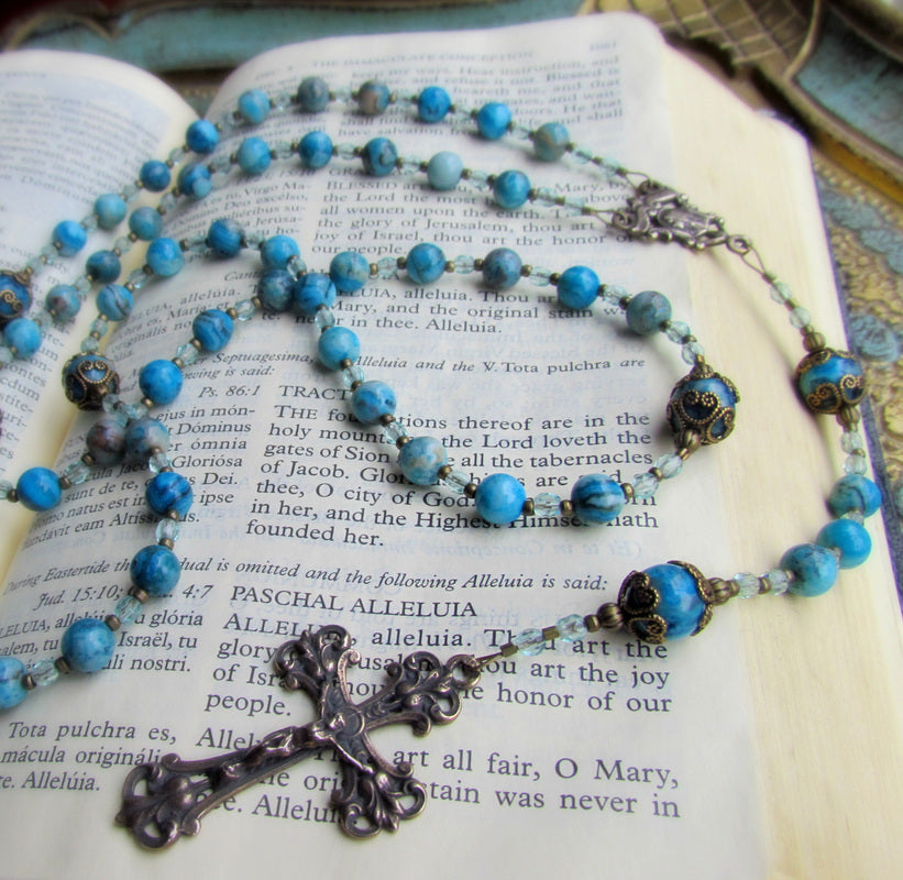 Cable Strung Rosary, Blue Crazy Lace Agate Gemstones  6mm Aves