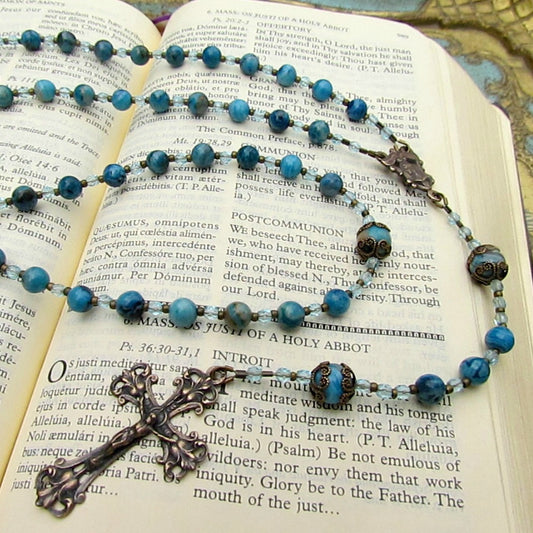 Cable Strung Rosary, Blue Crazy Lace Agate Gemstones  6mm Aves