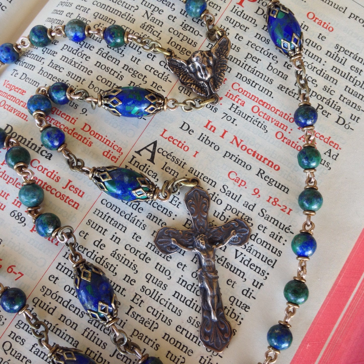 Heirloom, Catholic Rosary, Azurite Lapis Lazuli Gemstones with Angel Center