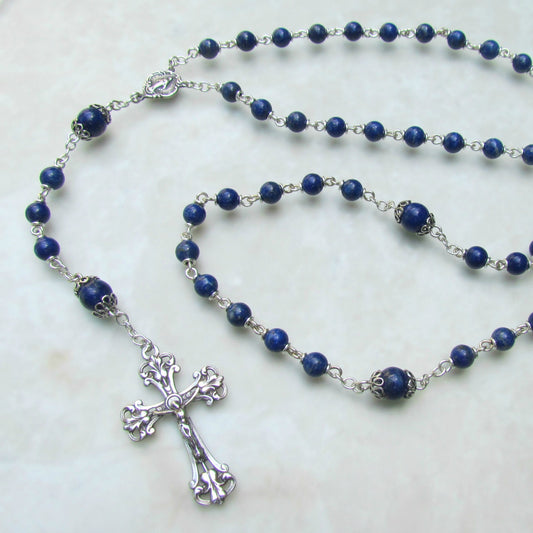 Heirloom Rosary, Sterling Silver 6mm Lapis Lazuli Rosary