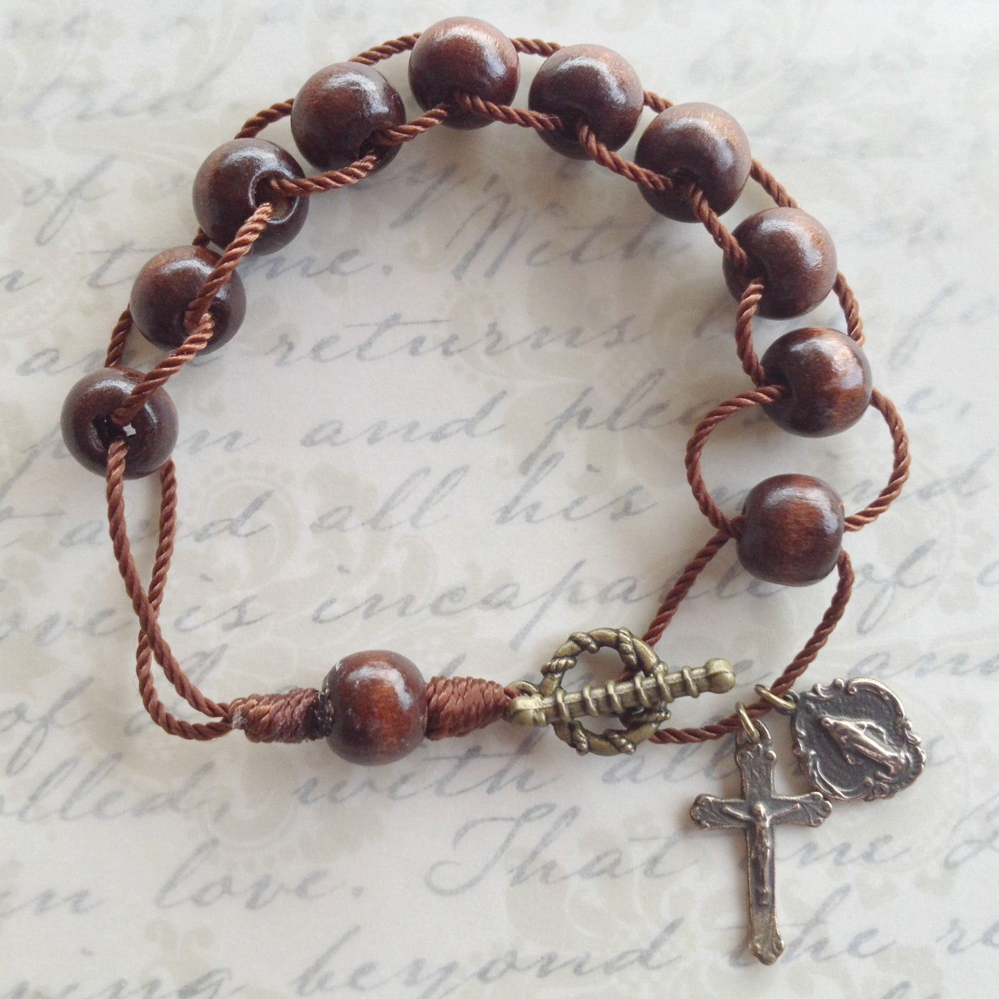 Cord Rosary Bracelet, Sliding Wood Beads, Larger bead