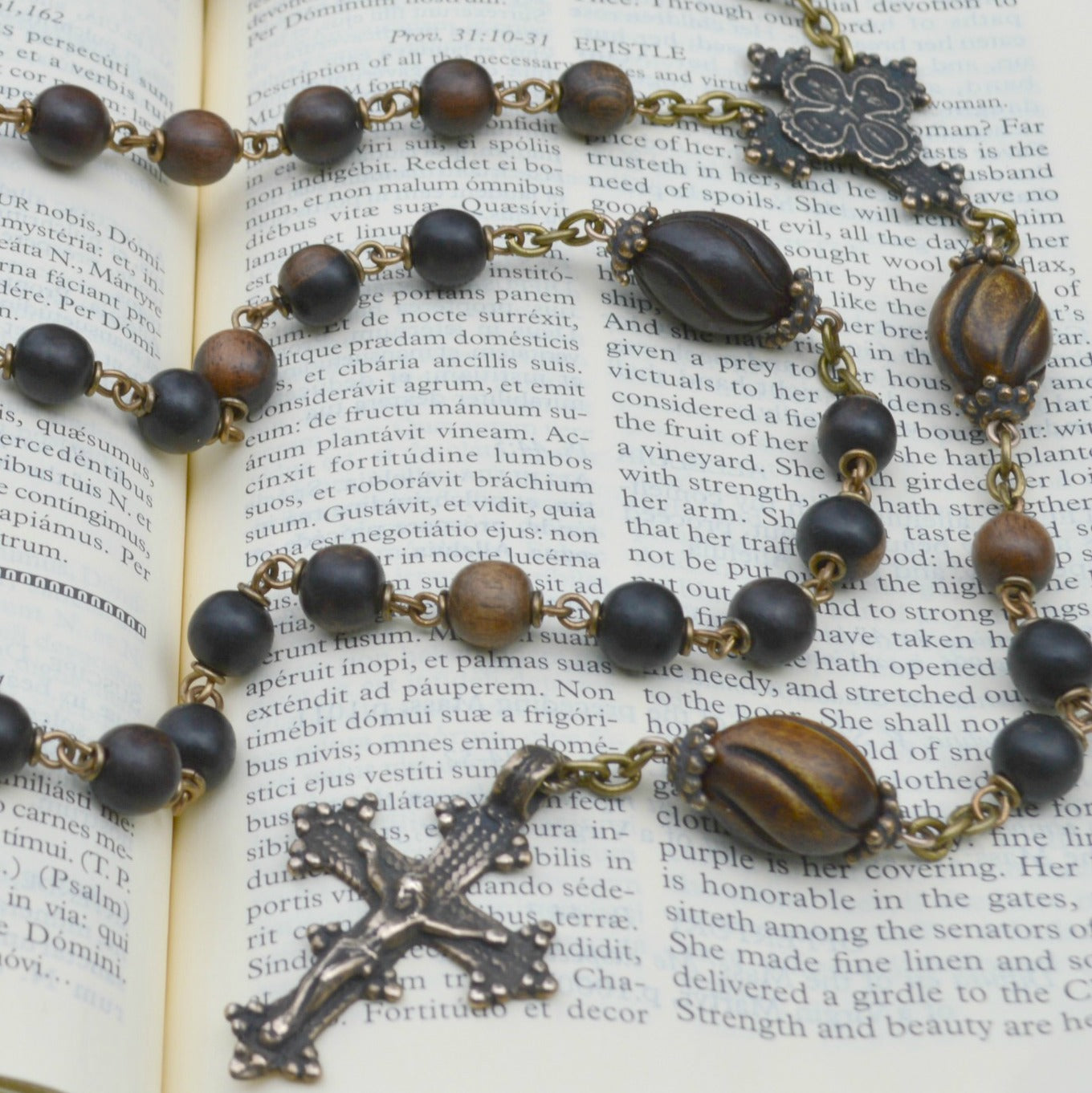 Heirloom Rosary, Dark Rosewood with Carved Horn Paters