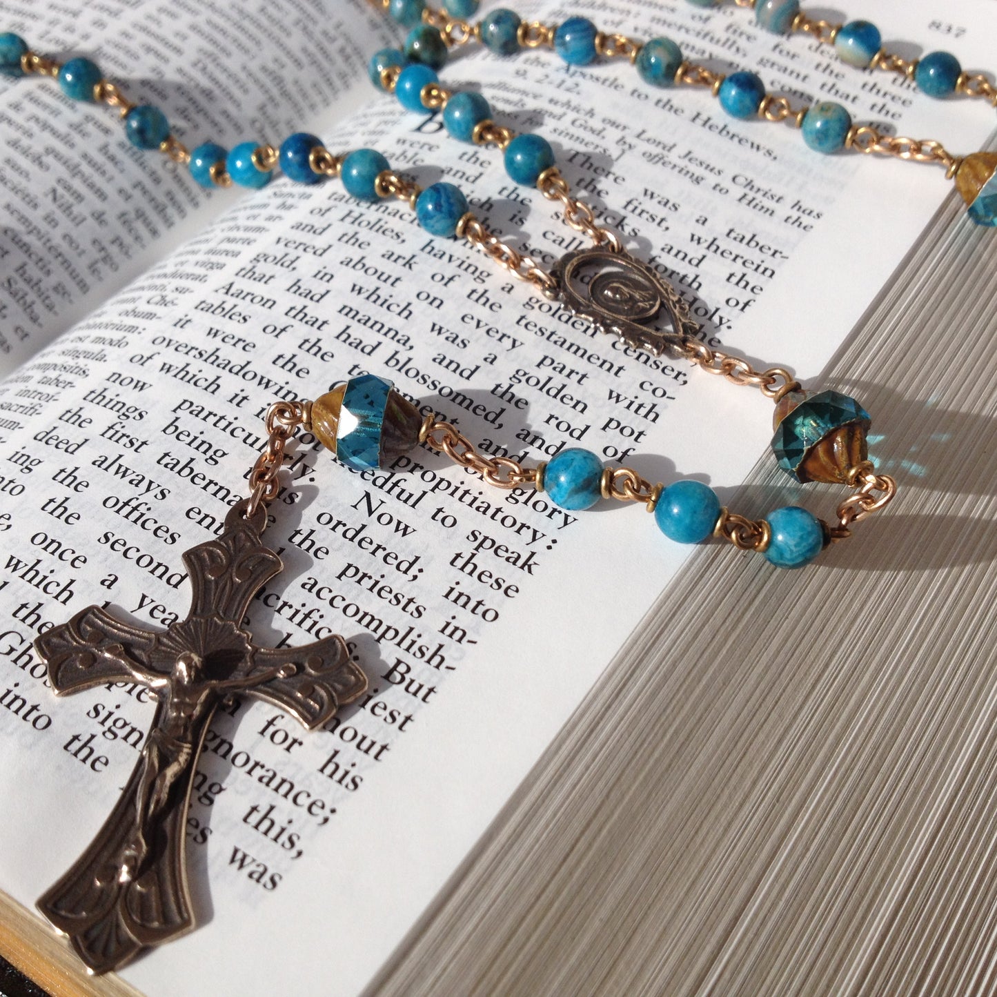 Heirloom Rosary, Blue Crazy Lace Gemstone with Czech glass beads