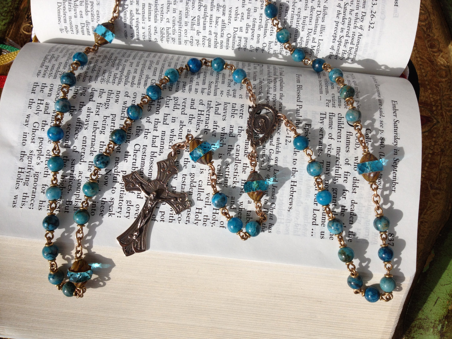 Heirloom Rosary, Blue Crazy Lace Gemstone with Czech glass beads