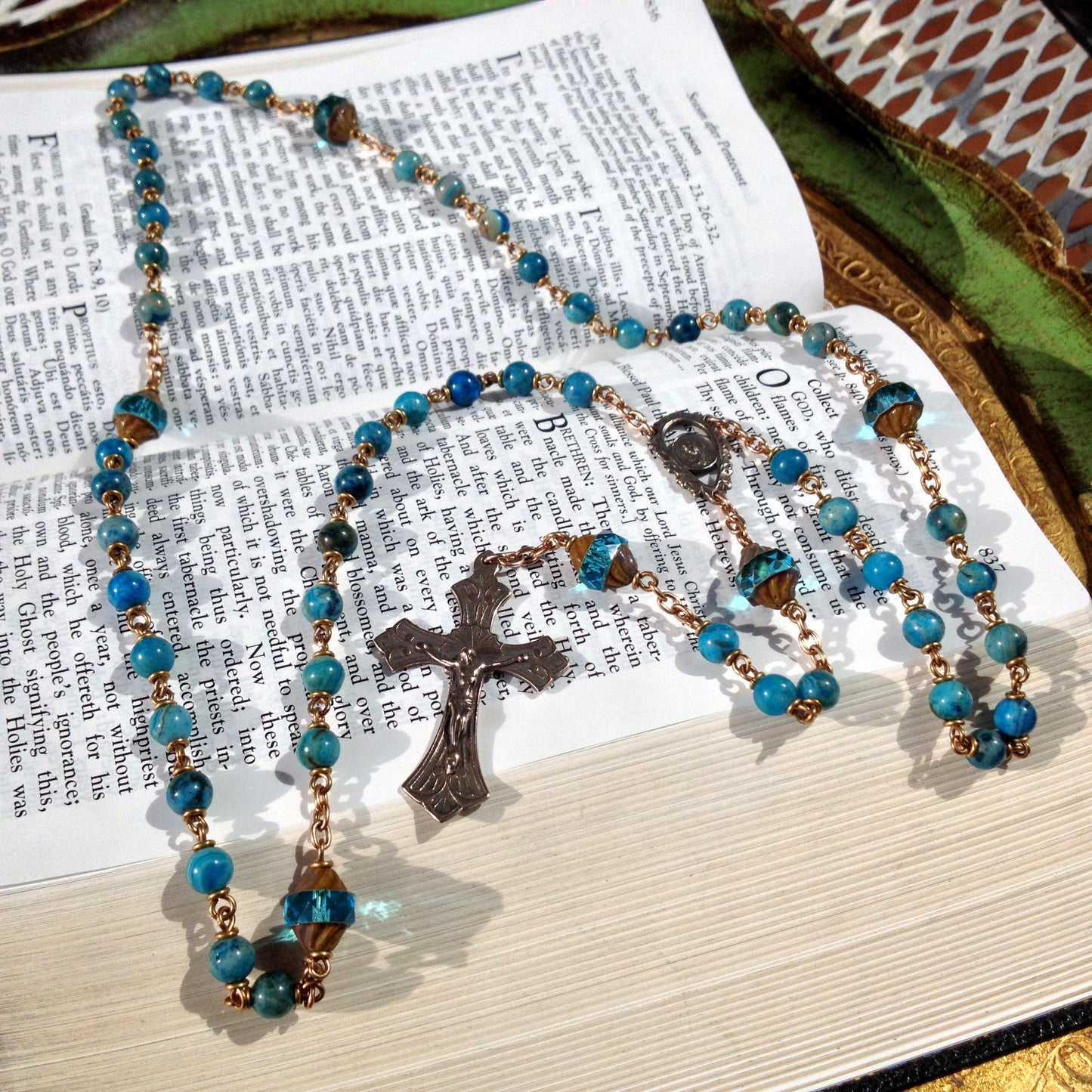 Heirloom Rosary, Blue Crazy Lace Gemstone with Czech glass beads