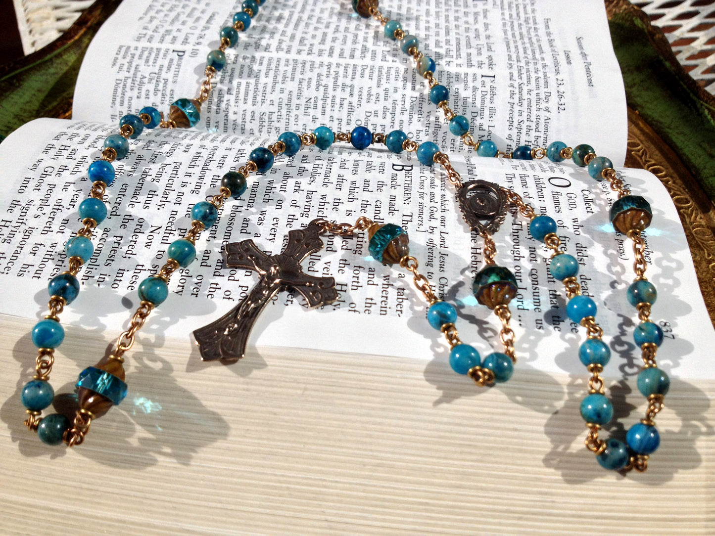 Heirloom Rosary, Blue Crazy Lace Gemstone with Czech glass beads