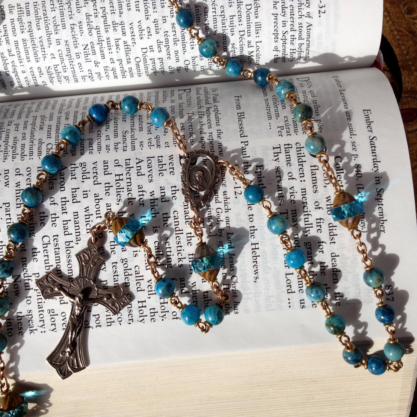 Heirloom Rosary, Blue Crazy Lace Gemstone with Czech glass beads