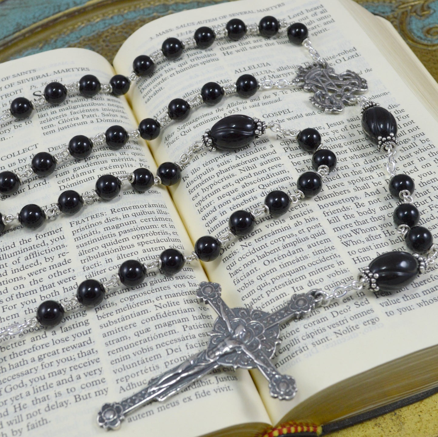 Heirloom Rosary, Sterling Silver and Black Onyx